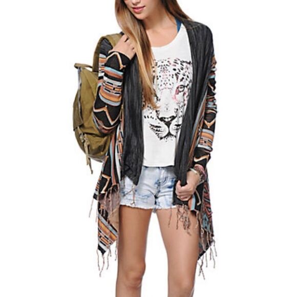 Billabong Dream Chaser Aztec Southwestern Boho Fringe Hem Cardigan Sweater Small - Picture 10 of 14